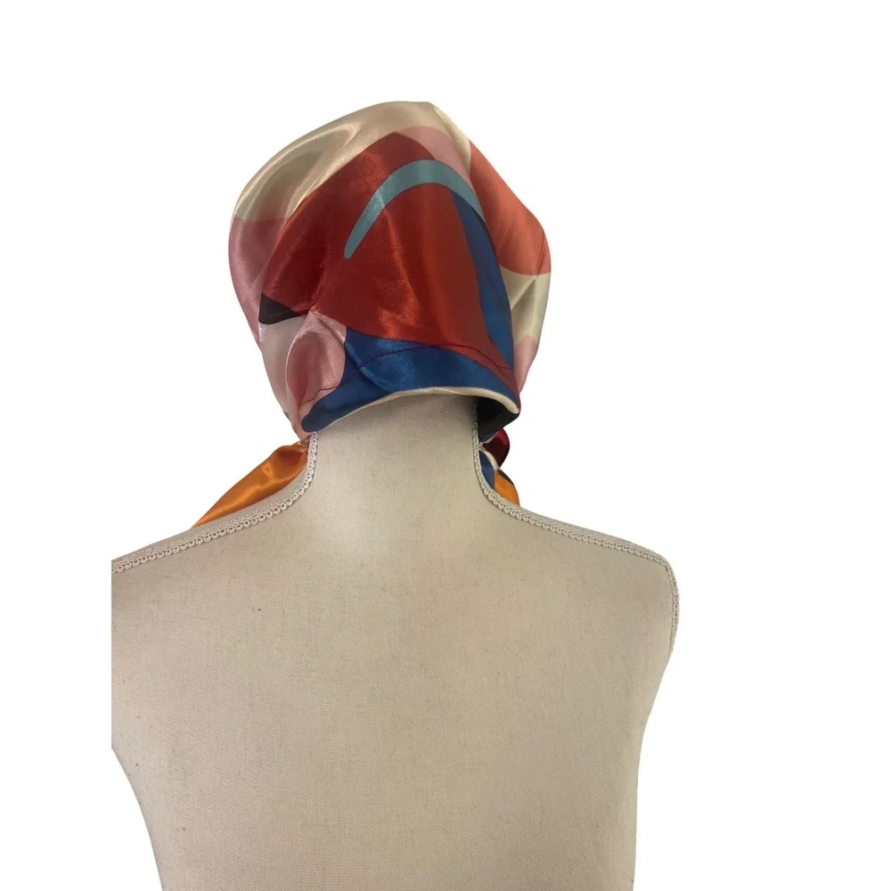 Retro Abstract Floral Satin Head Scarf Elastic Back Hair Wrap Multi Color